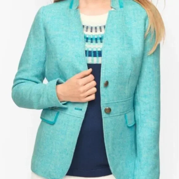 Turquoise Bicolor Herringbone Classic Shetland Blazer Size 6 New - Picture 2 of 7
